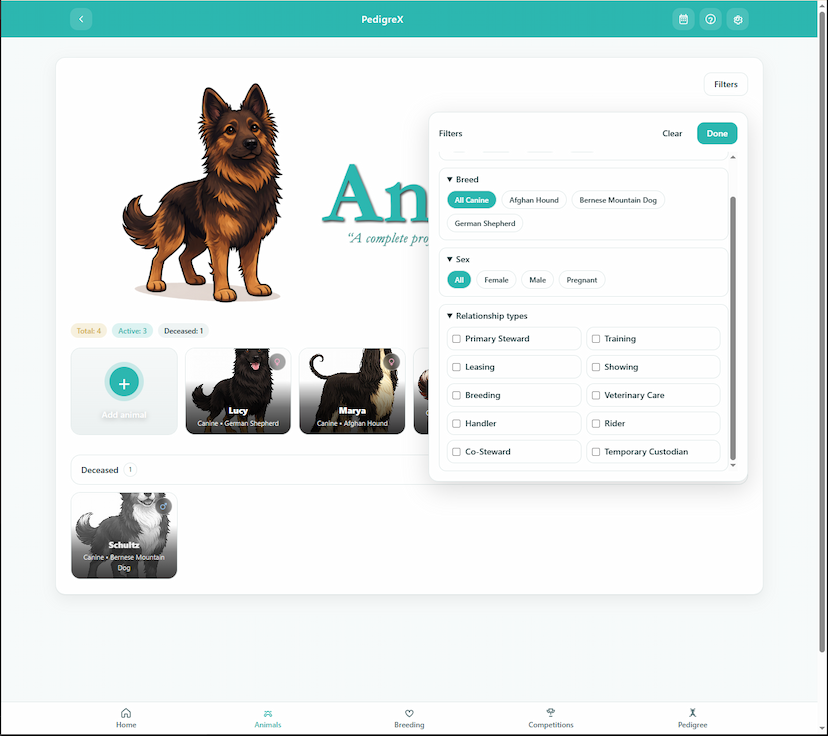 PedigreX Animals dashboard with filters