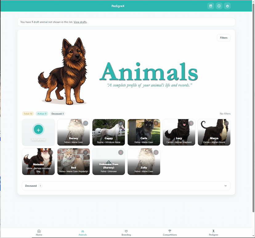 PedigreX Card view layout