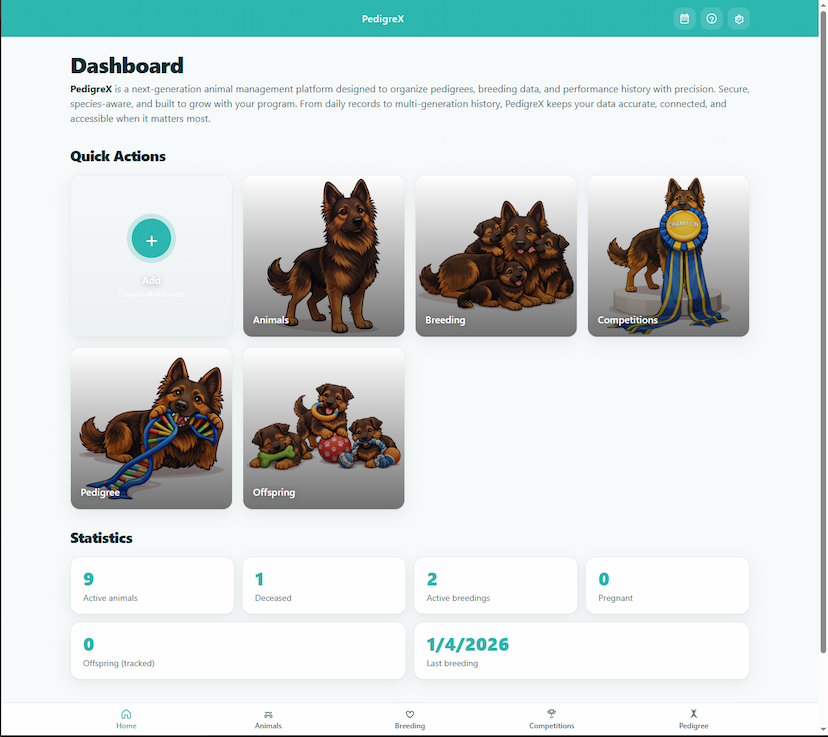 PedigreX Home Dashboard screenshot